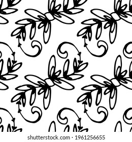 A pattern of twigs with leaves and curls. A seamless pattern of a vector plant element drawn by hand in the doodle style with a black line on a white background. plant background for design template