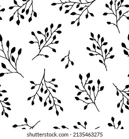 Patrón de ramas con hojas. Patrón vegetal para textiles, papel o papel pintado. Patrón de contorno simple en un color. Ánimo de primavera
