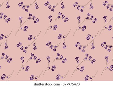 Pattern with twigs of purple berries on the pink background