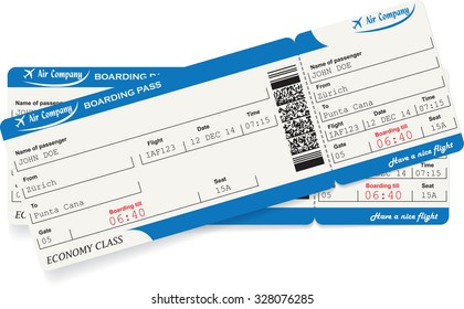 Pattern of two airline boarding pass tickets in blue color. Travel or journey concept. Isolated on white. Vector illustration