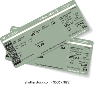 Pattern of two airline boarding pass ticket with QR2 code. Concept of travel, journey or business. Isolated on white. Vector illustration