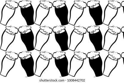 Pattern, two beer glasses with dark and light beer clink glasses on a white background. Vector illustration.