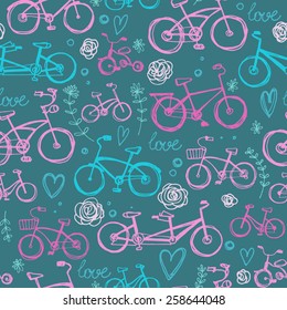 Pattern two bicycle-drawn line, sketch color vector. Romance, flowers, heart, elements