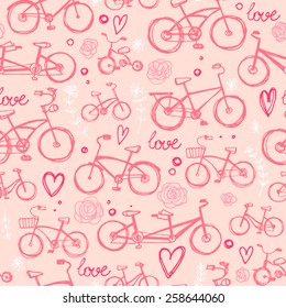 Pattern two bicycle-drawn line, sketch color vector. Romance, flowers, heart, elements