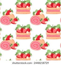 Pattern with two different strawberry cakes on a transparent background. Strawberry dessert with cream in flat style. Seamless pattern for textile, wrapping paper, background.