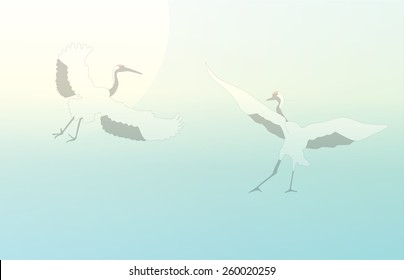  pattern two Japanese crane, Abstract watercolor drawing, color vector print