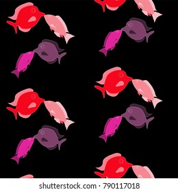Pattern. Two pairs of lovers, lovely, beautiful, red, pink, purple fish stitched with white threads kiss on a black background on Valentine's Day.Vector illustration. Seamless.