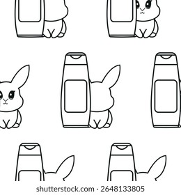 pattern of two simple black and white checkmark icons with a long cosmetic jar with rabbits next to it, meaning that the cosmetic products are not tested on animals