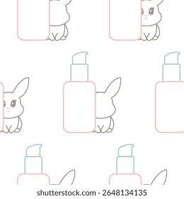 pattern of two simple colored checkmarks with a bottle with a dispenser and rabbits next to it, meaning that cosmetic products are not tested on animals