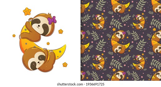 The pattern of the two sloth holding and sleeping on the moon at the night of illustration