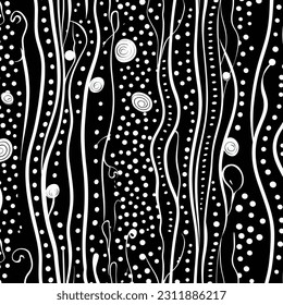 pattern with two stripes on a black background, in the style of expressive lines, polka dot madness,monochromatic ink washes, twisted branches, striped, rounded, contrasting