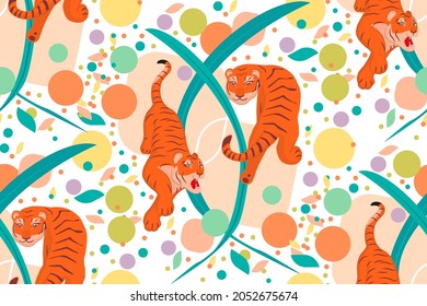 Pattern with Two tigers and leaves. Cartoon illustration. Illustration set of red tigers in various poses