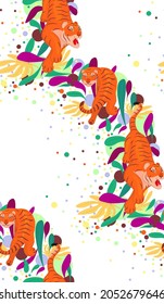 Pattern with Two tigers and leaves. Cartoon illustration. Illustration two of red tigers in various poses. red tiger runs from top to bottom and to the right. Red tiger walks and turned back.