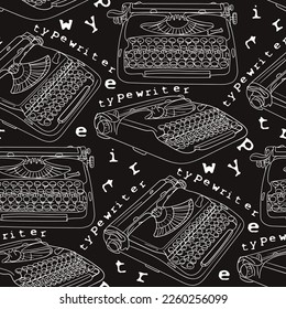 A pattern of typewriters drawn with lines. Black background and white outline typewriter with text. Background for celebrating Poet's Day, Writer's Day. Retro style gift wrapping