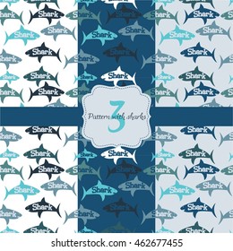  Pattern with typography and shark silhouette. Vector Illustration.