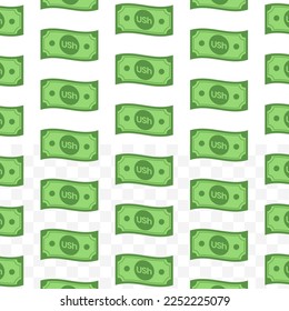 Pattern of Ugandan Shilling banknotes on transparent background with mini doodle (icon) and green color. Vector Illustration