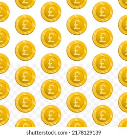 Pattern of UK Pound currency on transparent background with mini doodle (icons) and gold color. Vector Illustration