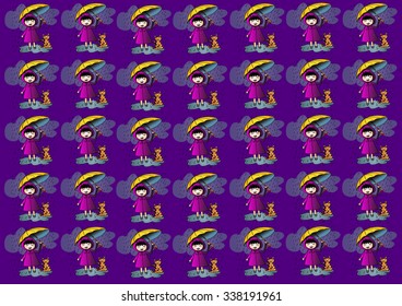 Pattern with umbrella girl in rain

