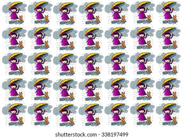 Pattern with umbrella girl in rain
