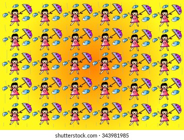 Pattern with umbrella girl in rain

