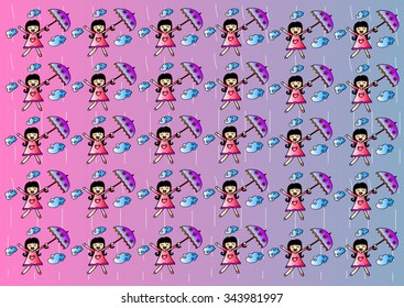 Pattern with umbrella girl in rain
