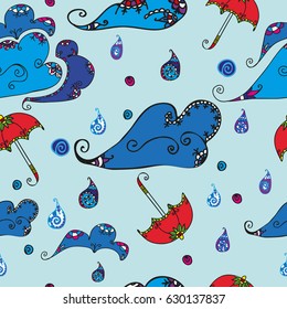 Pattern Umbrella.  Seamless pattern with painted weather, rain, clouds and umbrellas