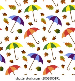Pattern with umbrellas, autumn leaves and acorns. Vector illustration. Plants composition. For use in prints, packaging, shops, flyers, promotions, covers and brochures.