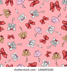 Pattern of umbrellas of the beast and bow ties seamless background sketch of color doodle illustration of cute girls wallpaper