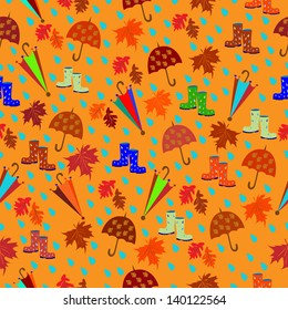 Pattern of umbrellas, boots, maple leaves, oak leaves, rain drops on an orange background