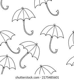 Pattern of umbrellas drawn black marker on white paper background. Seamless background with umbrellas. Autumn background. Autumn vector illustration.