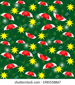 Pattern with umbrellas and a ladybug on a green background
