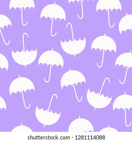 The pattern of the umbrellas. Lilac background, white umbrellas. Well for banner, postcards. Simple seamless pattern.