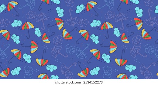 Pattern umbrellas line art. Cloud, rain. Raindrops. Rainy weather. Outline drawing. Seamless background.