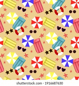 Pattern - umbrellas, sun beds, sunglasses. Summer illustration of relaxing on the beach. Vector illustration on a beige background. Modern design for gifts, invitations, scrapbooking and wrapping