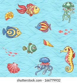 Pattern of underwater fishes. Vector seamless background.