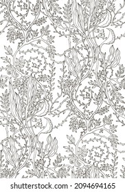 Pattern with underwater vegetation and seaweed. Black and white style. Print for fabric, textiles, wallpaper, paper, etc. Vector pattern illustration on the white background.