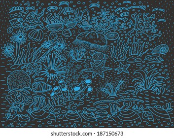 Pattern, underwater world, blue outline on a dark background