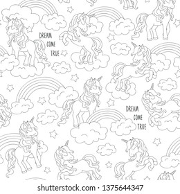 Pattern with unicorn. Black and white abstract outline seamless pattern. Fashion illustration drawing in modern style for clothes. Drawing for kids clothes, t shirts, fabrics or packaging.