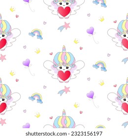 Pattern with unicorn cupid and balloons heart. Baby Unicorn Seamless pattern cupid cartoon character background print template , fabric, kid clothes, textile, scape book .