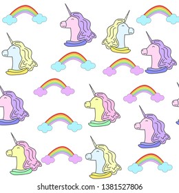 Pattern with unicorn and rainbow. Magic horse on the white background