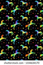 pattern with unicorn silhouettes with rainbow fill and multicolors stars on black background
