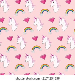 pattern with unicorns, cloud, rainbow and diamond on a pink background