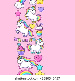 Pattern with unicorns. Happy birthday party background.