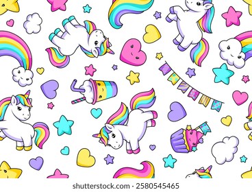 Pattern with unicorns. Happy birthday party background.