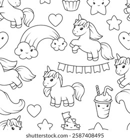 Pattern with unicorns. Happy birthday party background.