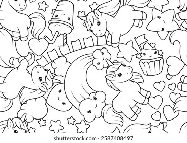 Pattern with unicorns. Happy birthday party background.