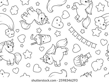 Pattern with unicorns. Happy birthday party background.