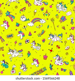 Pattern of unicorns, mermaids, horses and girlish things. Vector. Illustration of mythical creatures. Icons for website and labels. Beautiful fabric ornament in children's clothing.