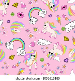 pattern with unicorns, rainbow, clouds, heart with wings, lips, stars on pink background