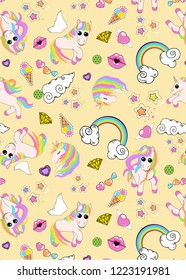 pattern with unicorns, rainbow, clouds, heart with wings, lips, stars on yellow background